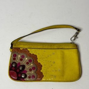 Fossil Leather Flower Applique Wristlet Mustard Yellow